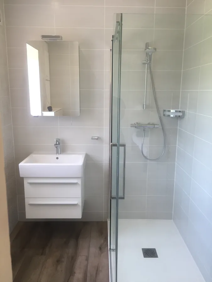 Walk-in shower with vanity unit and wood-effect floor tiles