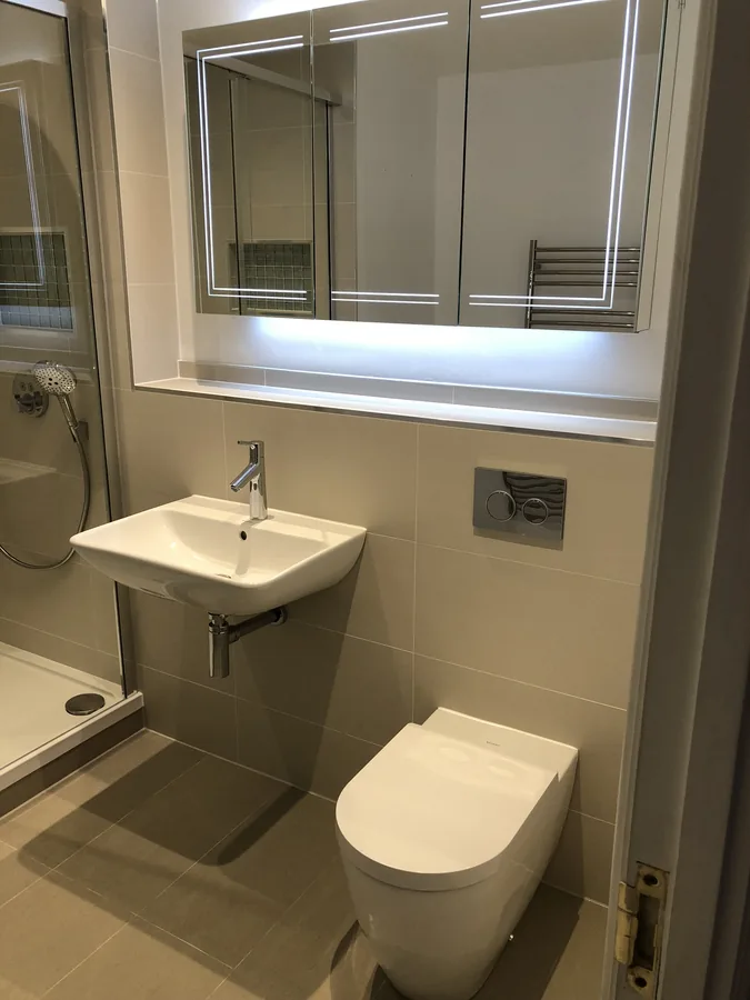 Wall-hung basin and WC with a lit mirrored cabinet above