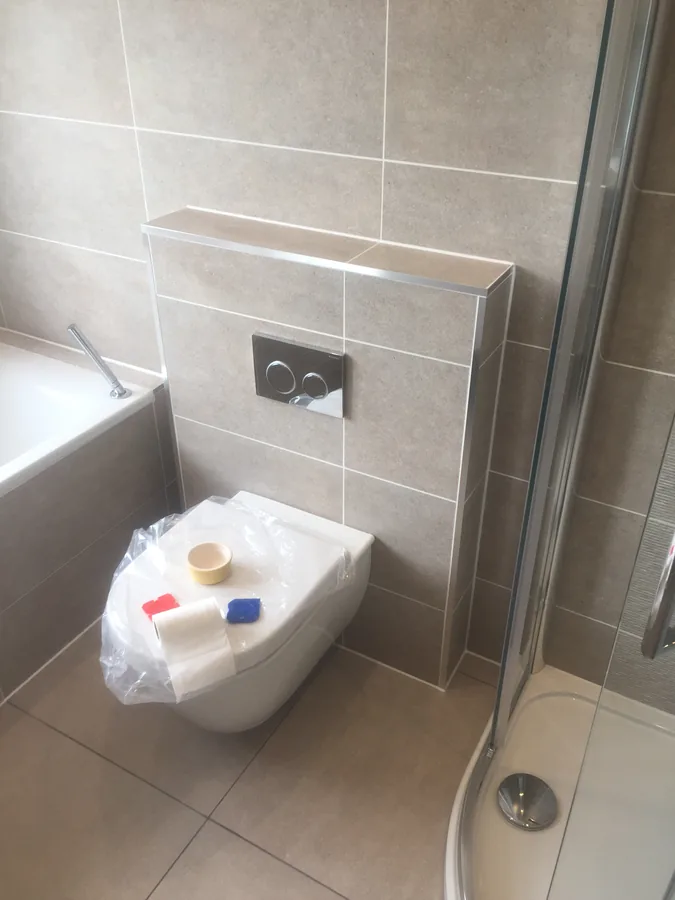 Bath and wall-hung WC with stone-effect tiling